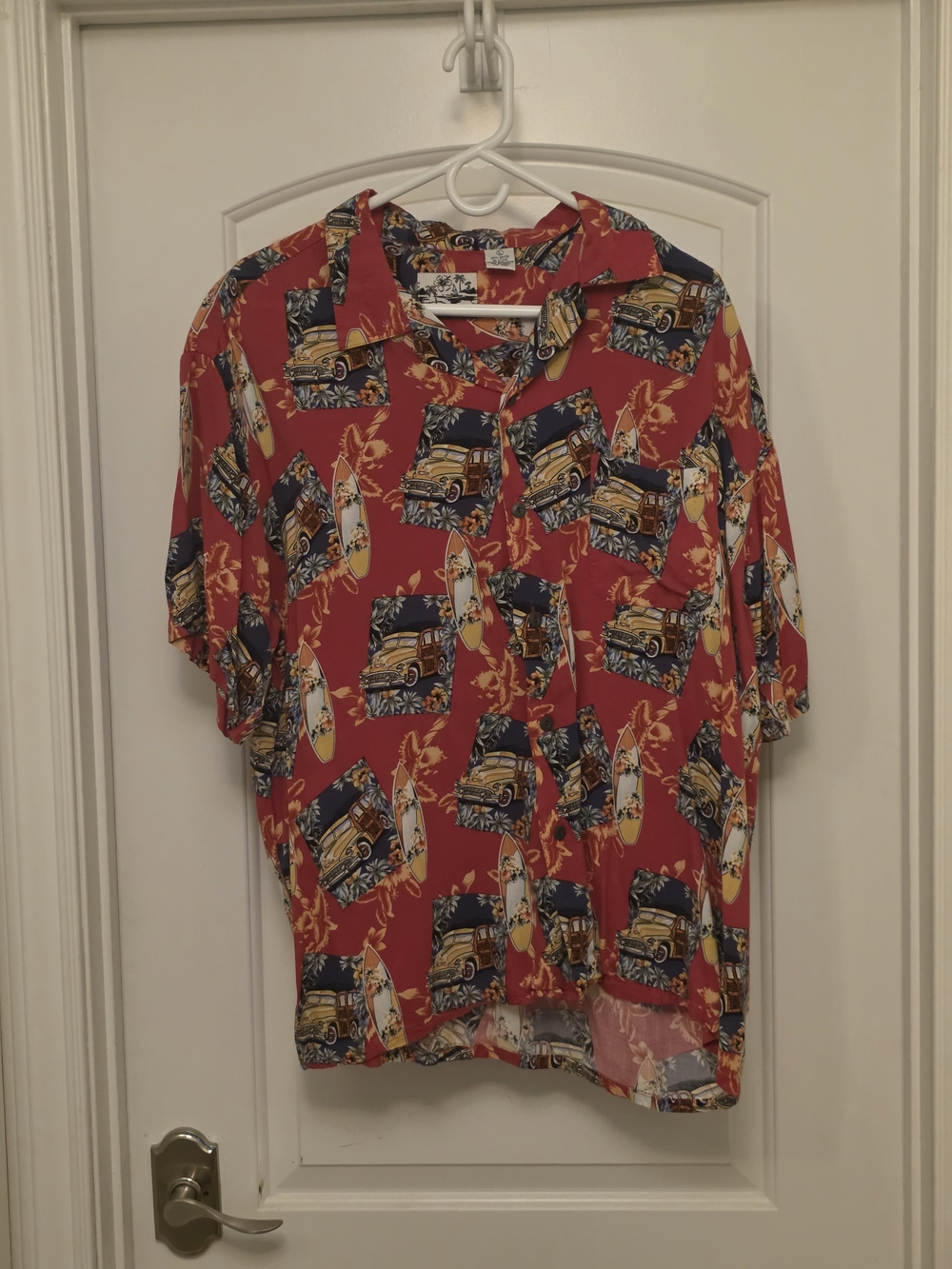 Men's Woody Casual Red Hawaiian Button-Down Shirt with Woody  Surf Car Print